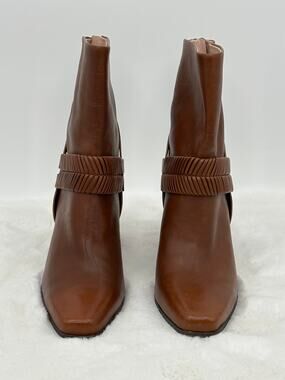 AD & Daughters Leather Block Heel Boot Cognac Woven Strap Square Toe Size 9